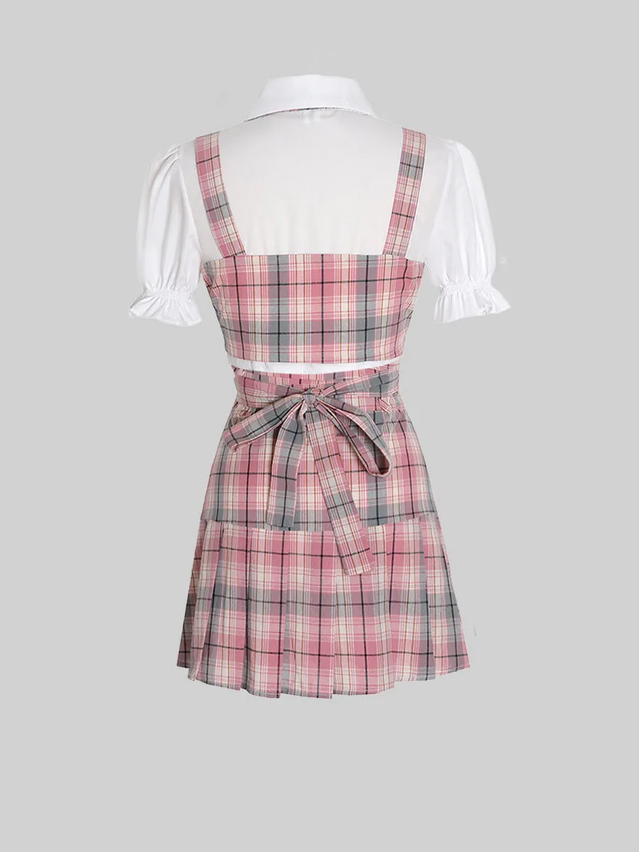 College Overlay Checkered Vest&Shirt&Skirt Three Pieces Set