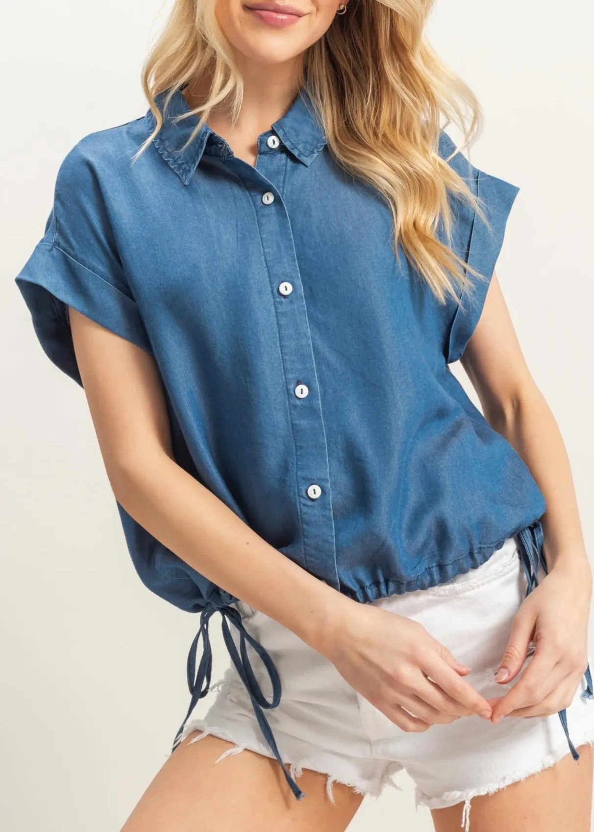 Della Washed Tencil Button Down Drawstring Top