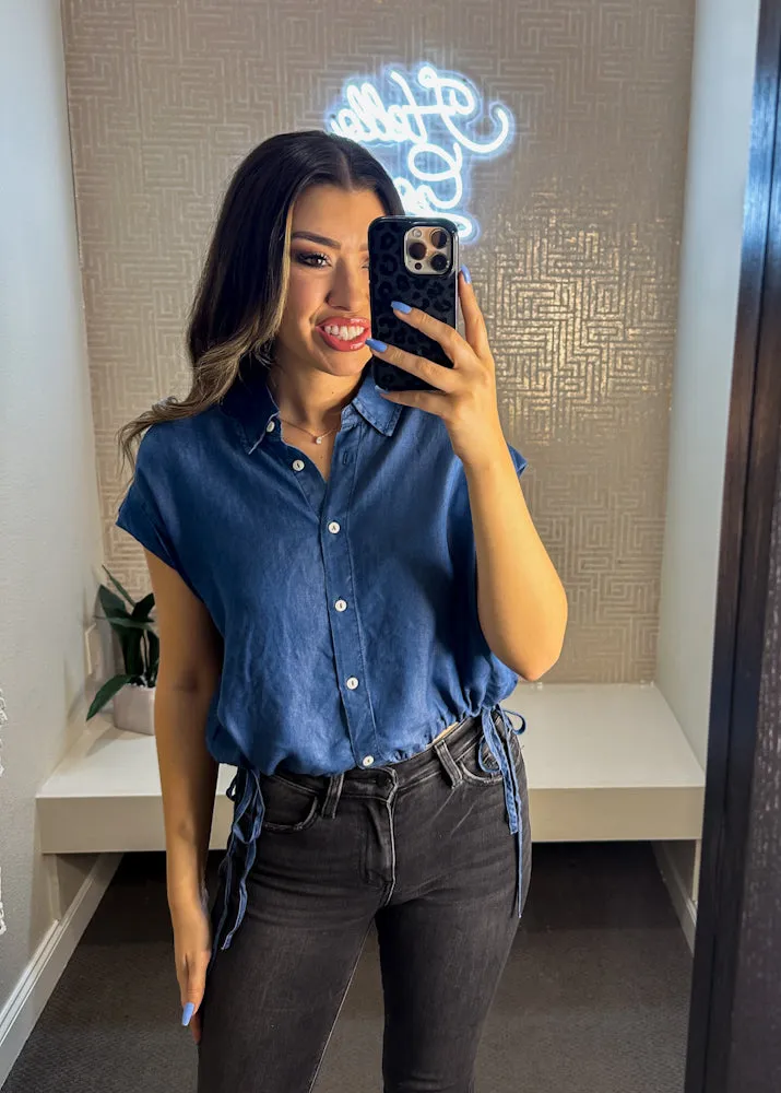 Della Washed Tencil Button Down Drawstring Top