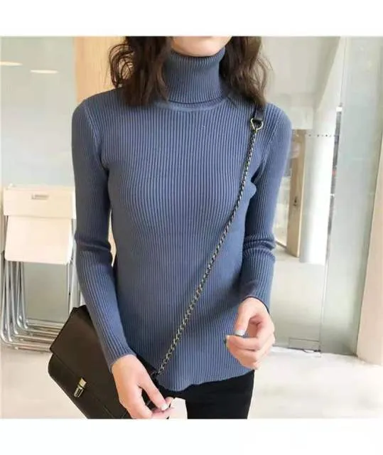 DressBetty - High-Collar Striped Knit Bottom Sweater
