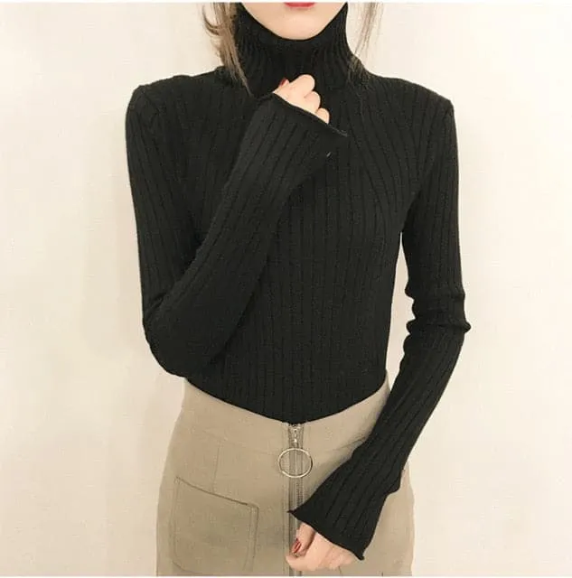 DressBetty - High-Collar Striped Knit Bottom Sweater