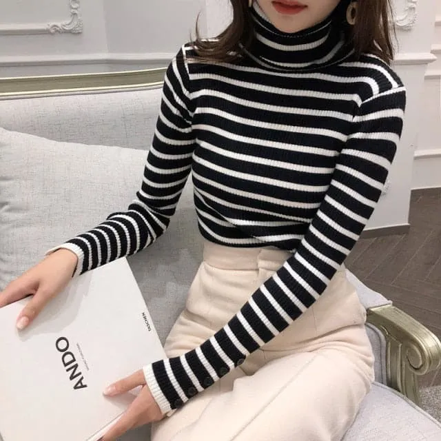 DressBetty - High-Collar Striped Knit Bottom Sweater