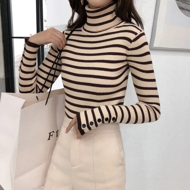 DressBetty - High-Collar Striped Knit Bottom Sweater
