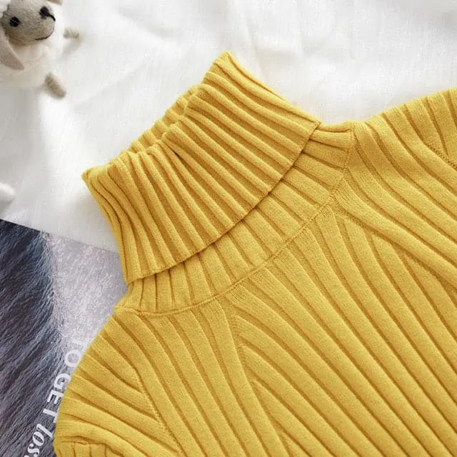 DressBetty - High-Collar Striped Knit Bottom Sweater