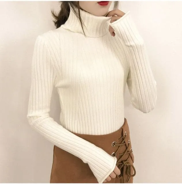 DressBetty - High-Collar Striped Knit Bottom Sweater