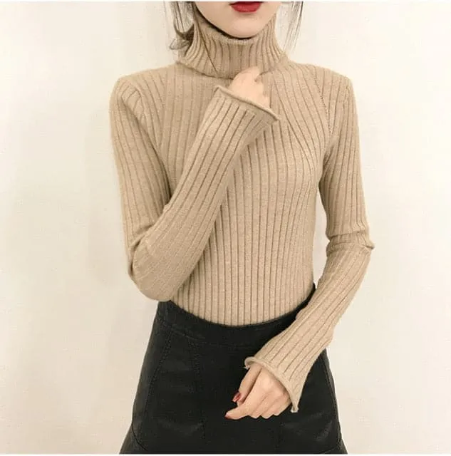 DressBetty - High-Collar Striped Knit Bottom Sweater
