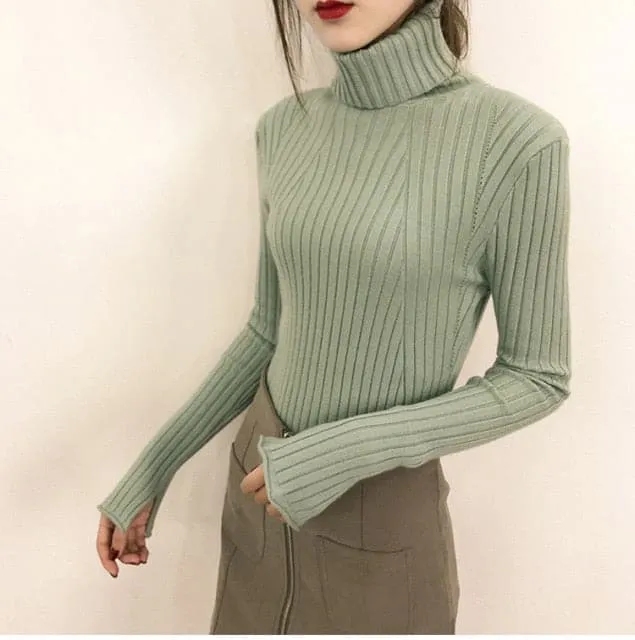 DressBetty - High-Collar Striped Knit Bottom Sweater