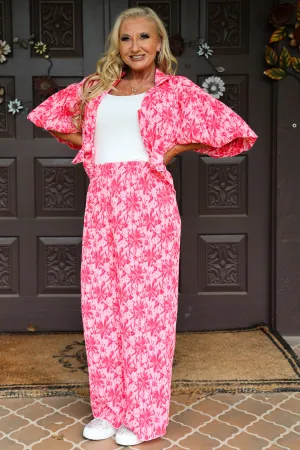 Easel Hot Pink & Red Floral Puff Sleeve Crinkled Poly Button-Down: A Playful Summer Delight!