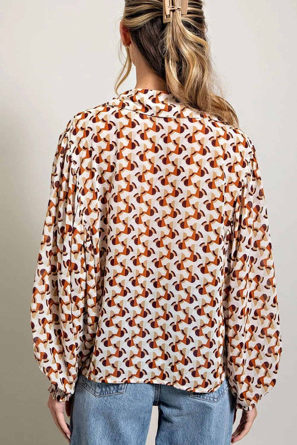 ee:some Geometric Printed Button Down Bubble Sleeve Top In Terracotta