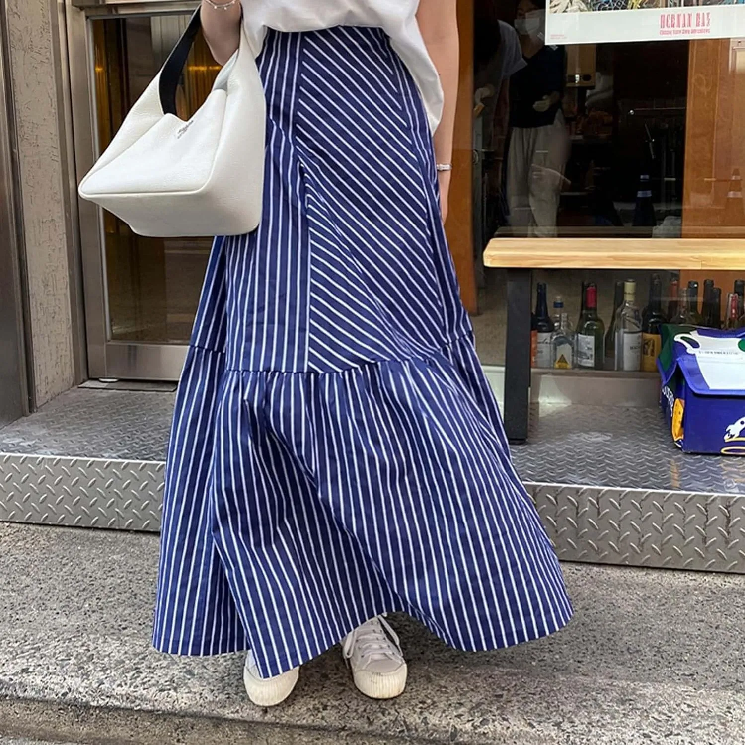 Flowy Skirt Women Summer High Waisted Slimming Casual Versatile Striped Patchwork A Line Midi Skirt
