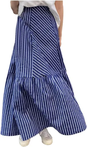 Flowy Skirt Women Summer High Waisted Slimming Casual Versatile Striped Patchwork A Line Midi Skirt