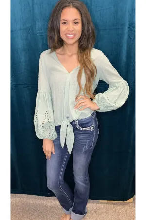 Hyfve Sage Eyelet Puff Sleeve Tie Front Blouse