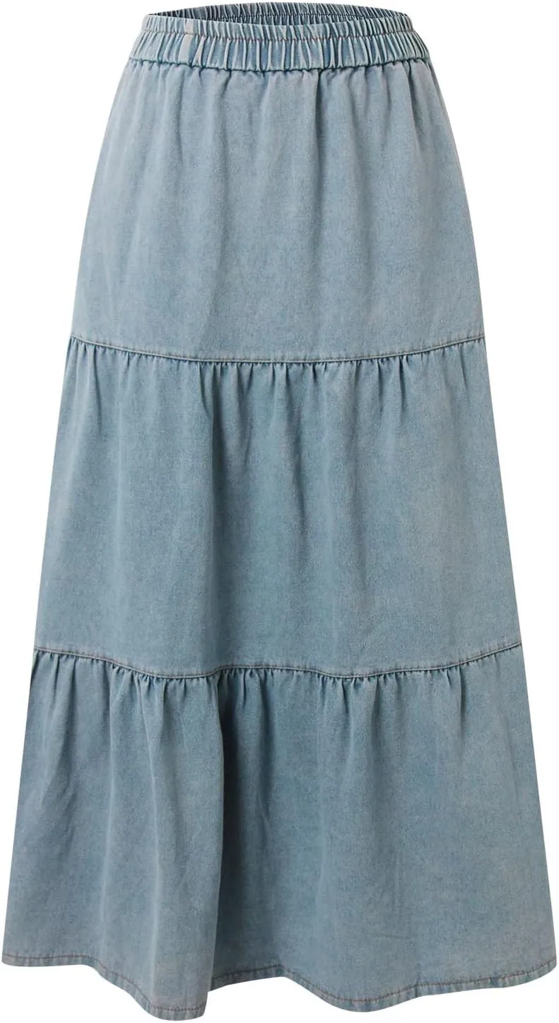 Long Skirts for Women Women's Casual Denim Long Skirt with Elastic Waist A Line Skirt