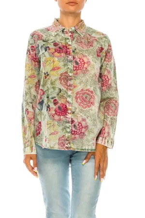 Magazine Clothing Basil Floral Printed Green Button-Down Shirt With Vintage Wash