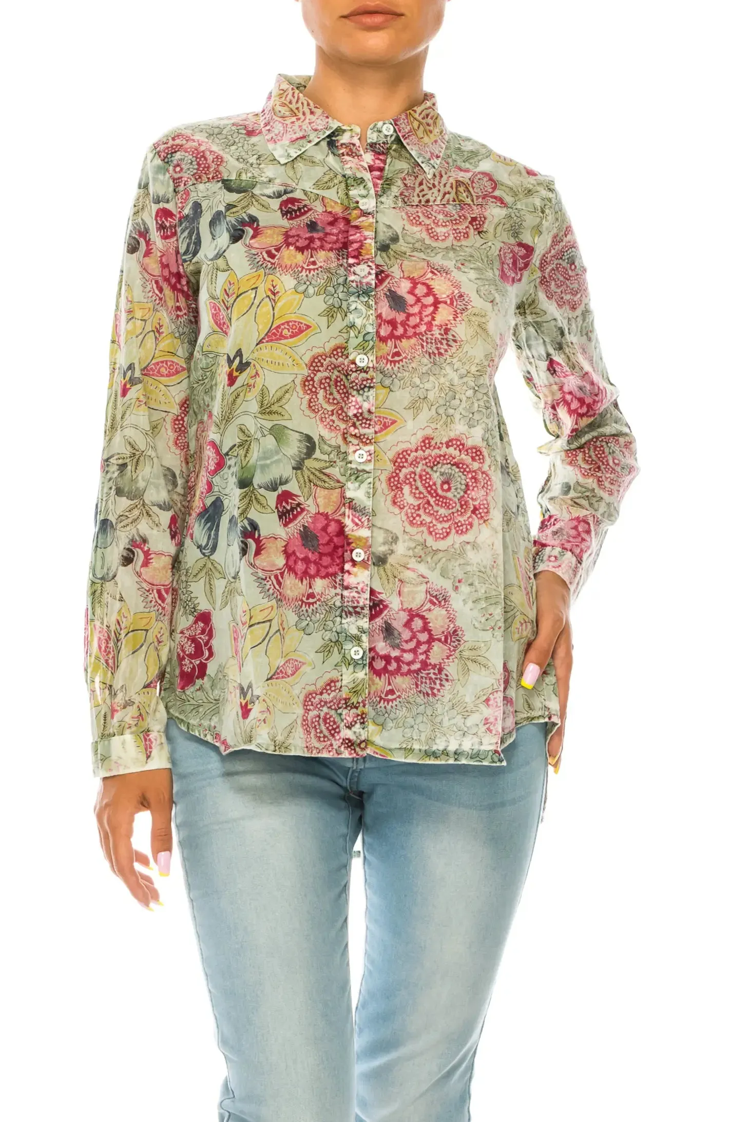Magazine Clothing Basil Floral Printed Green Button-Down Shirt With Vintage Wash