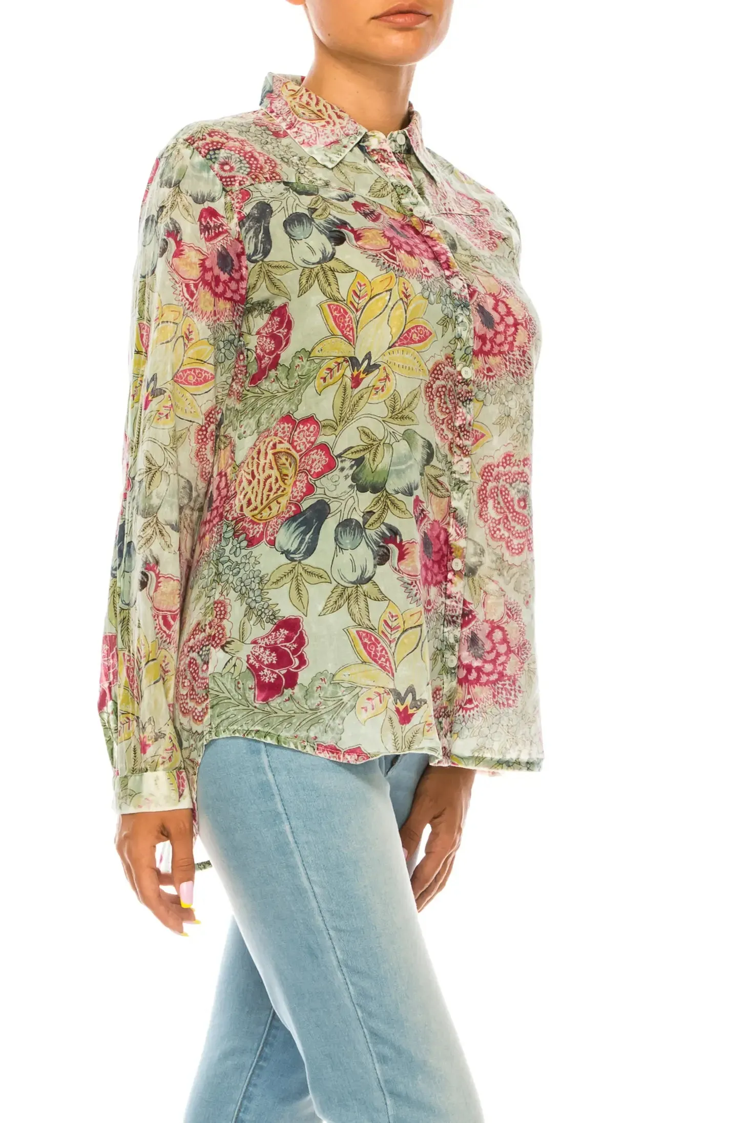 Magazine Clothing Basil Floral Printed Green Button-Down Shirt With Vintage Wash