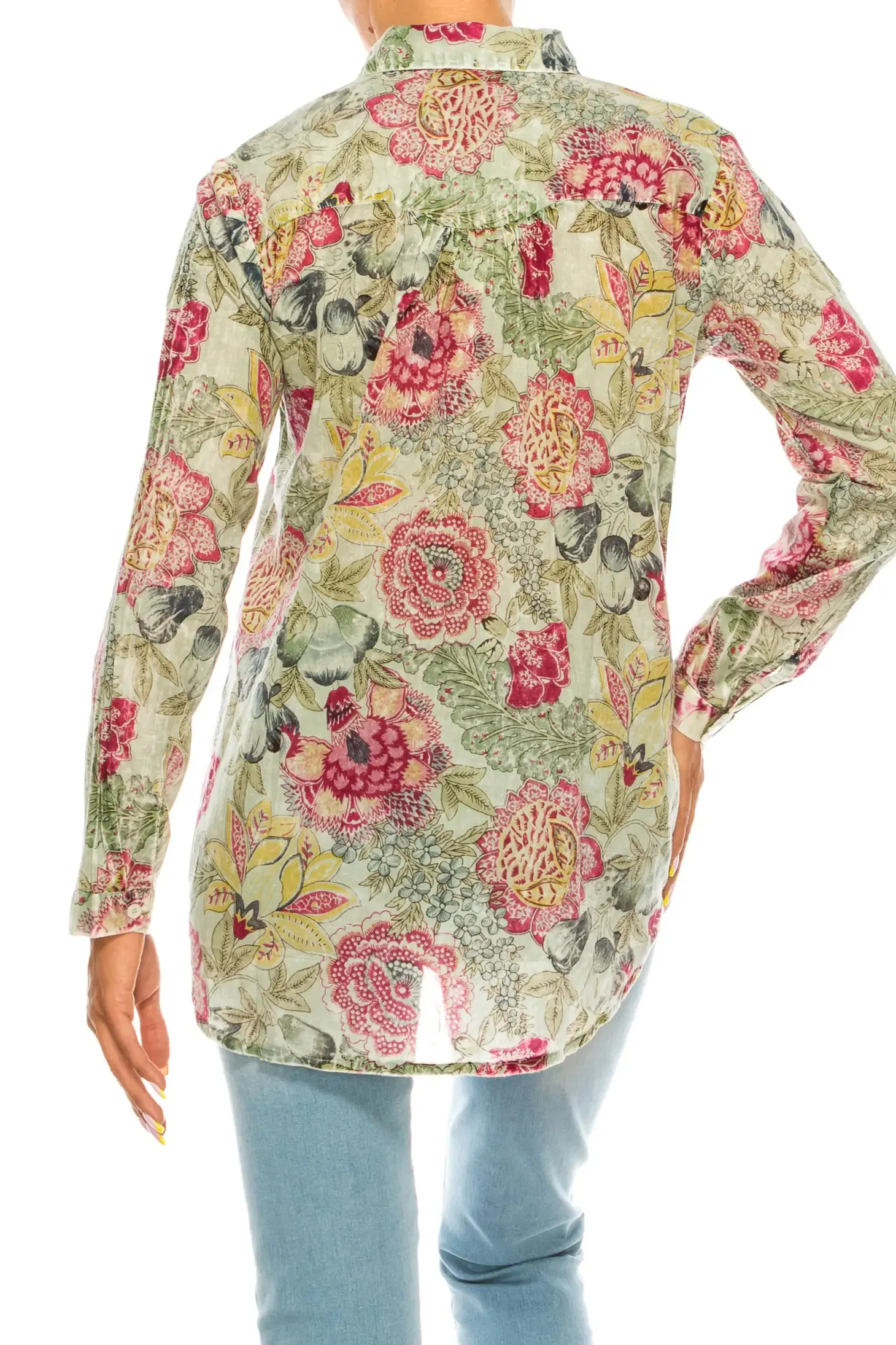 Magazine Clothing Basil Floral Printed Green Button-Down Shirt With Vintage Wash