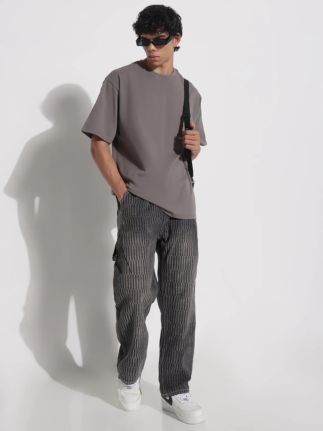 Men Grey Striped Relaxed Fit Denim Jeans