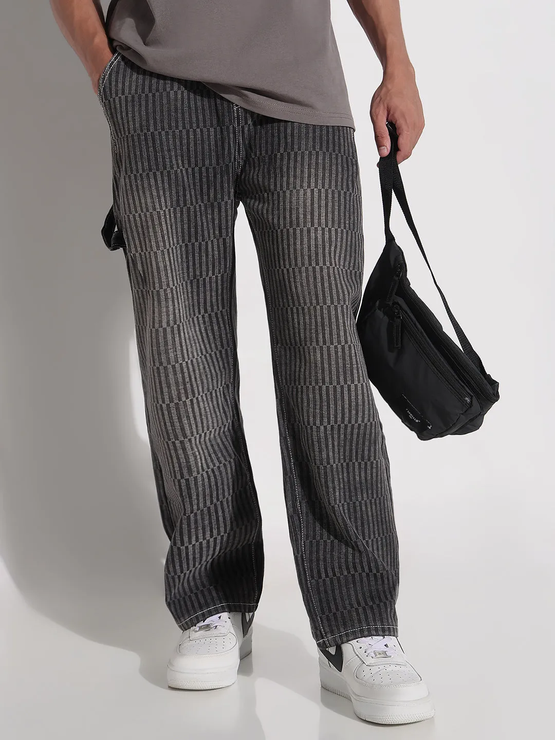 Men Grey Striped Relaxed Fit Denim Jeans