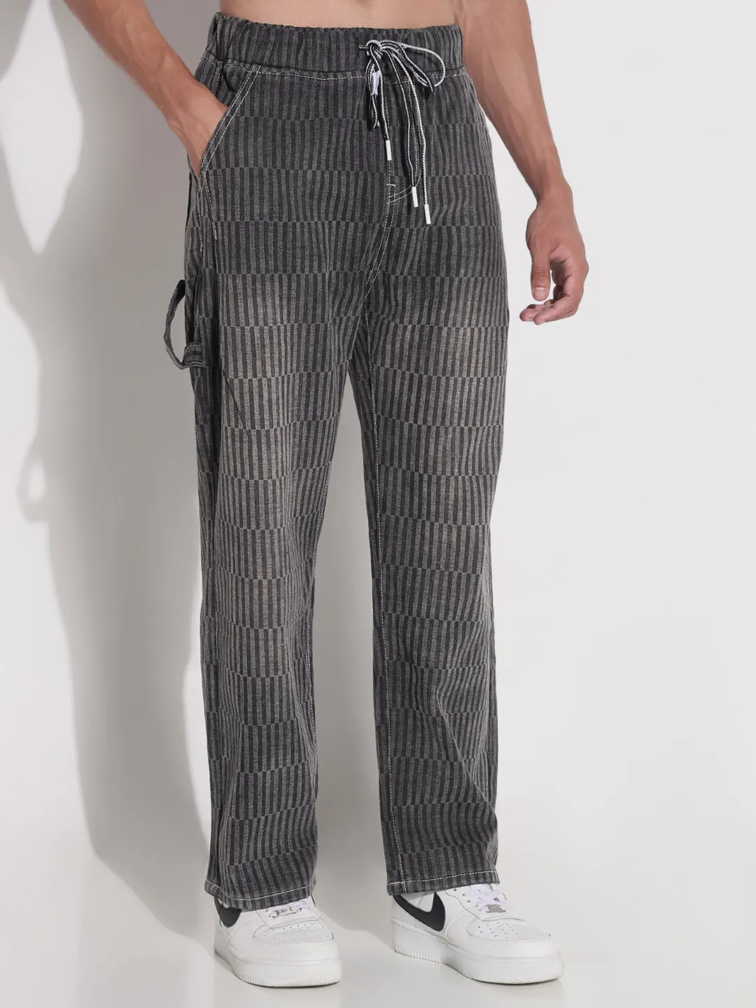 Men Grey Striped Relaxed Fit Denim Jeans