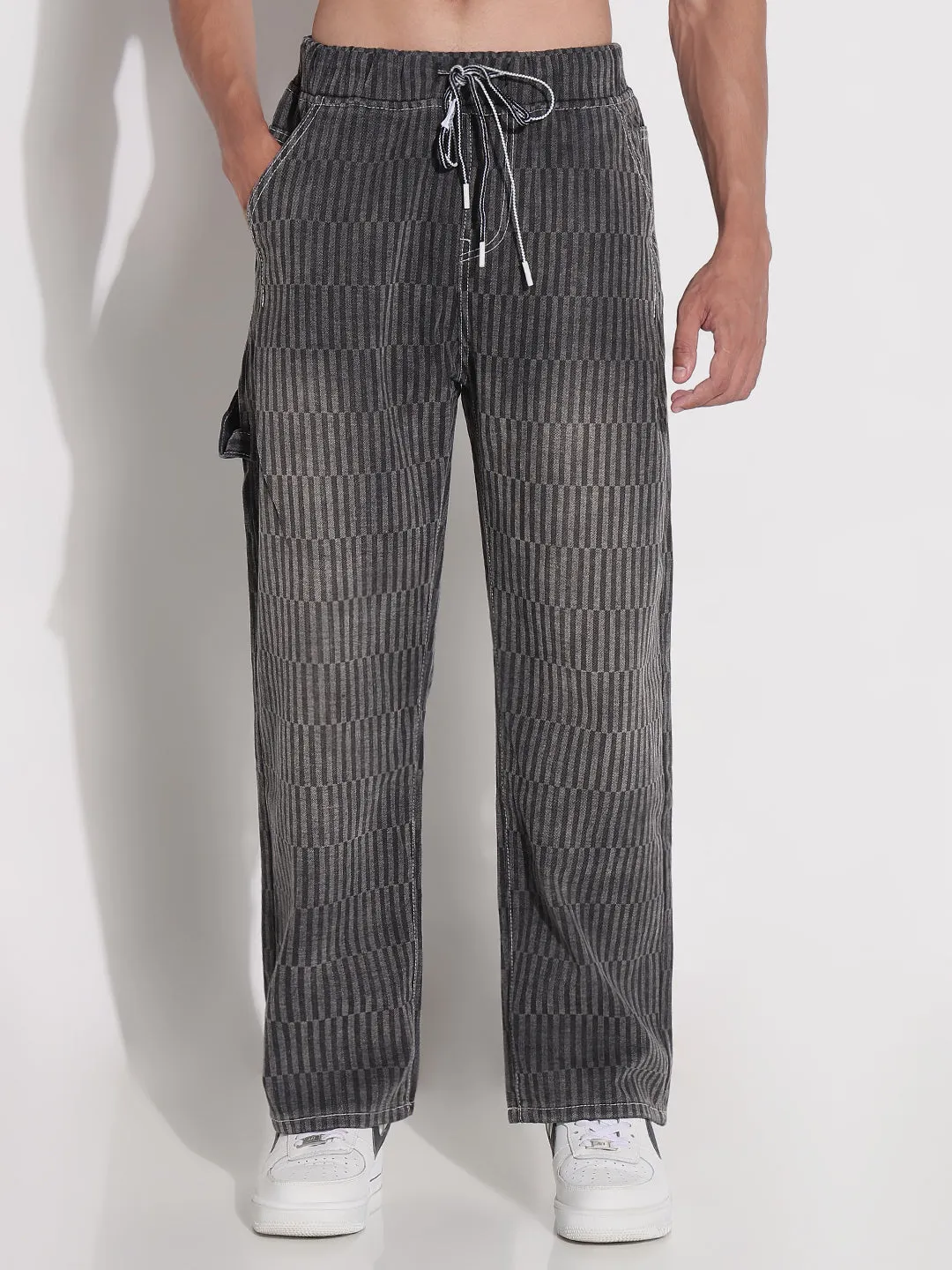 Men Grey Striped Relaxed Fit Denim Jeans