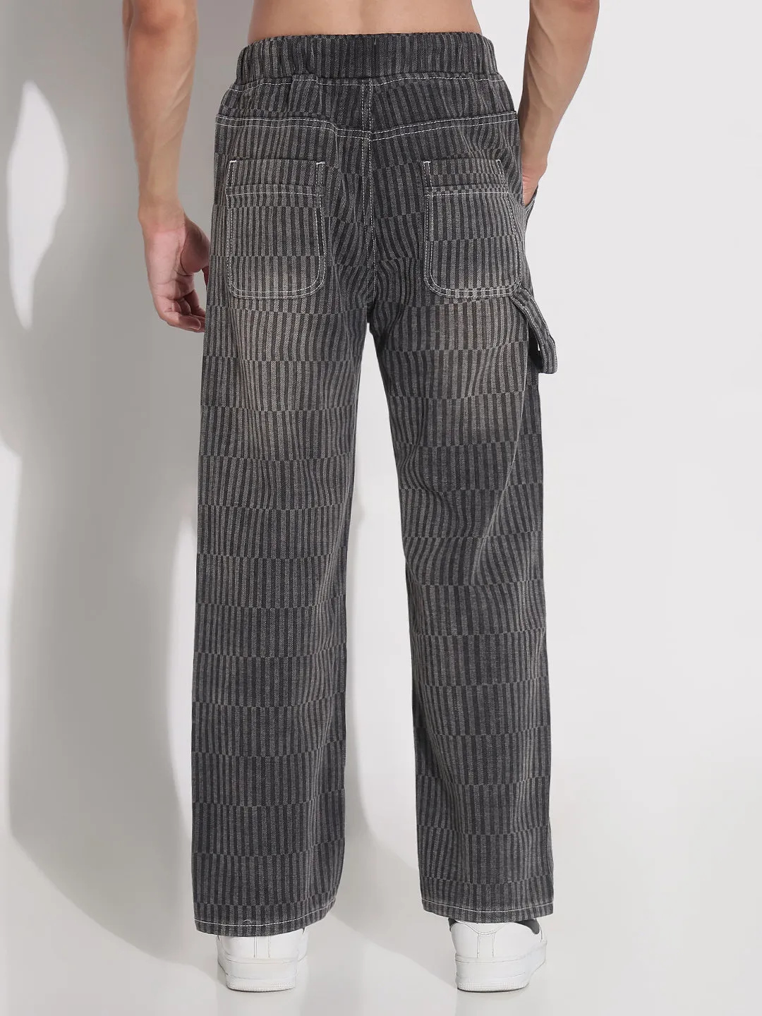 Men Grey Striped Relaxed Fit Denim Jeans