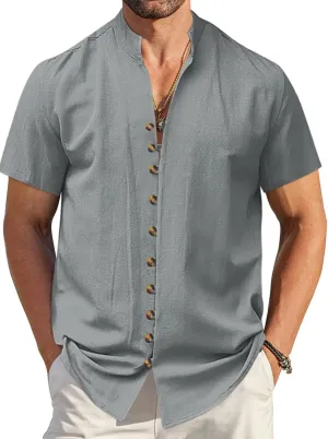 Mens Linen Shirt Short Sleeve Button Down Collar T Shirt Blouses Casual Solid Color Summer Vacation Beach Shirts