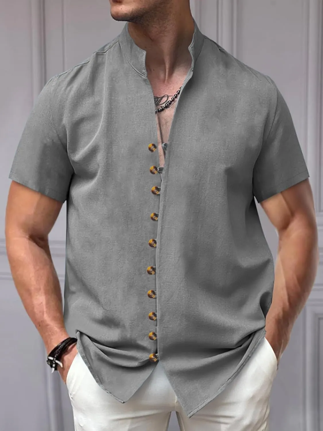 Mens Linen Shirt Short Sleeve Button Down Collar T Shirt Blouses Casual Solid Color Summer Vacation Beach Shirts
