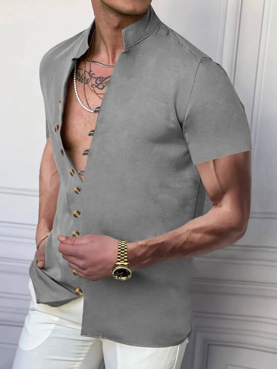 Mens Linen Shirt Short Sleeve Button Down Collar T Shirt Blouses Casual Solid Color Summer Vacation Beach Shirts
