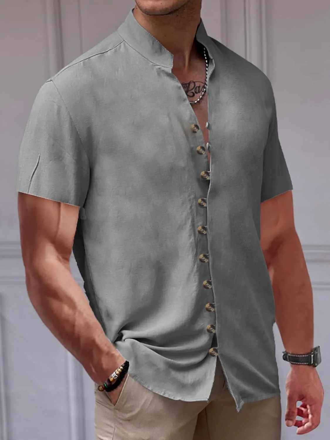 Mens Linen Shirt Short Sleeve Button Down Collar T Shirt Blouses Casual Solid Color Summer Vacation Beach Shirts