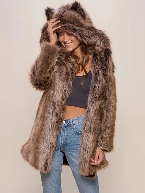 New Faux Fur Coats For Women Leopard Hooded Long Sleeves Stretch Front Button Winter Coat