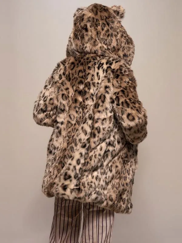 New Faux Fur Coats For Women Leopard Hooded Long Sleeves Stretch Front Button Winter Coat
