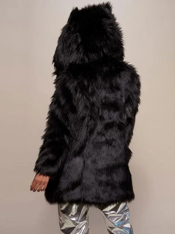 New Faux Fur Coats For Women Leopard Hooded Long Sleeves Stretch Front Button Winter Coat