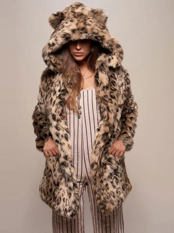 New Faux Fur Coats For Women Leopard Hooded Long Sleeves Stretch Front Button Winter Coat