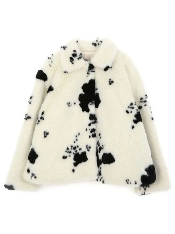 New Faux Fur Coats For Women Long Sleeves Casual Cow Pattern Printed Oversized Turndown Collar White Coat