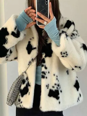 New Faux Fur Coats For Women Long Sleeves Casual Cow Pattern Printed Oversized Turndown Collar White Coat