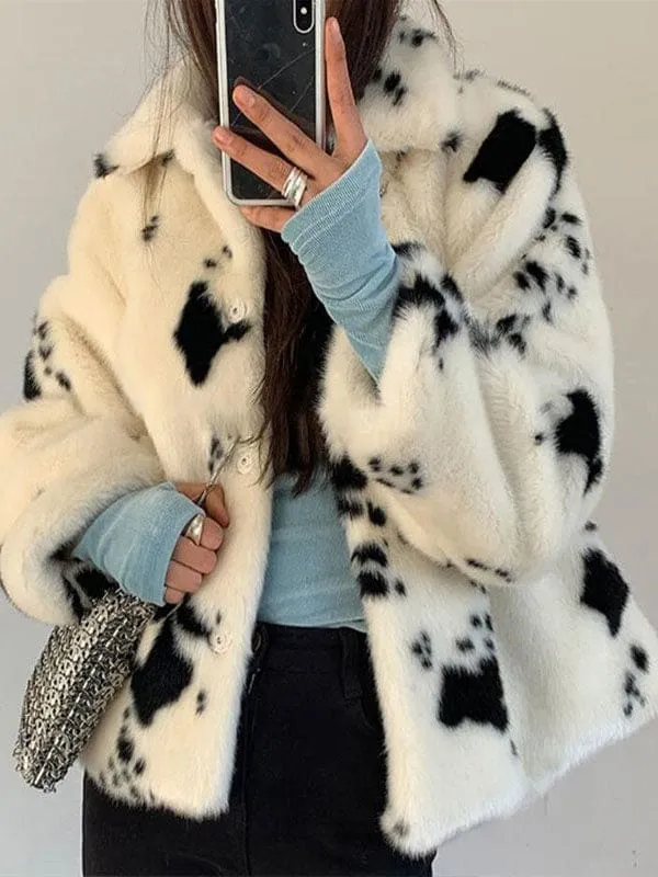 New Faux Fur Coats For Women Long Sleeves Casual Cow Pattern Printed Oversized Turndown Collar White Coat