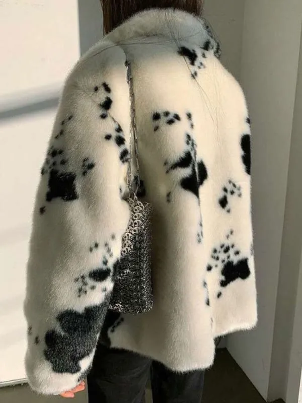 New Faux Fur Coats For Women Long Sleeves Casual Cow Pattern Printed Oversized Turndown Collar White Coat
