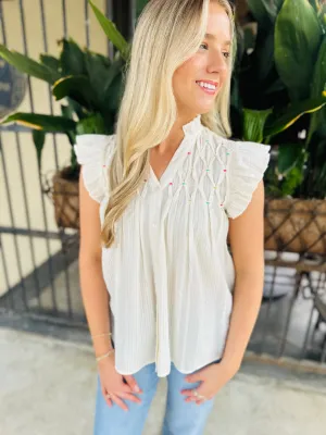 Polka Embroidered Button Down Top- White