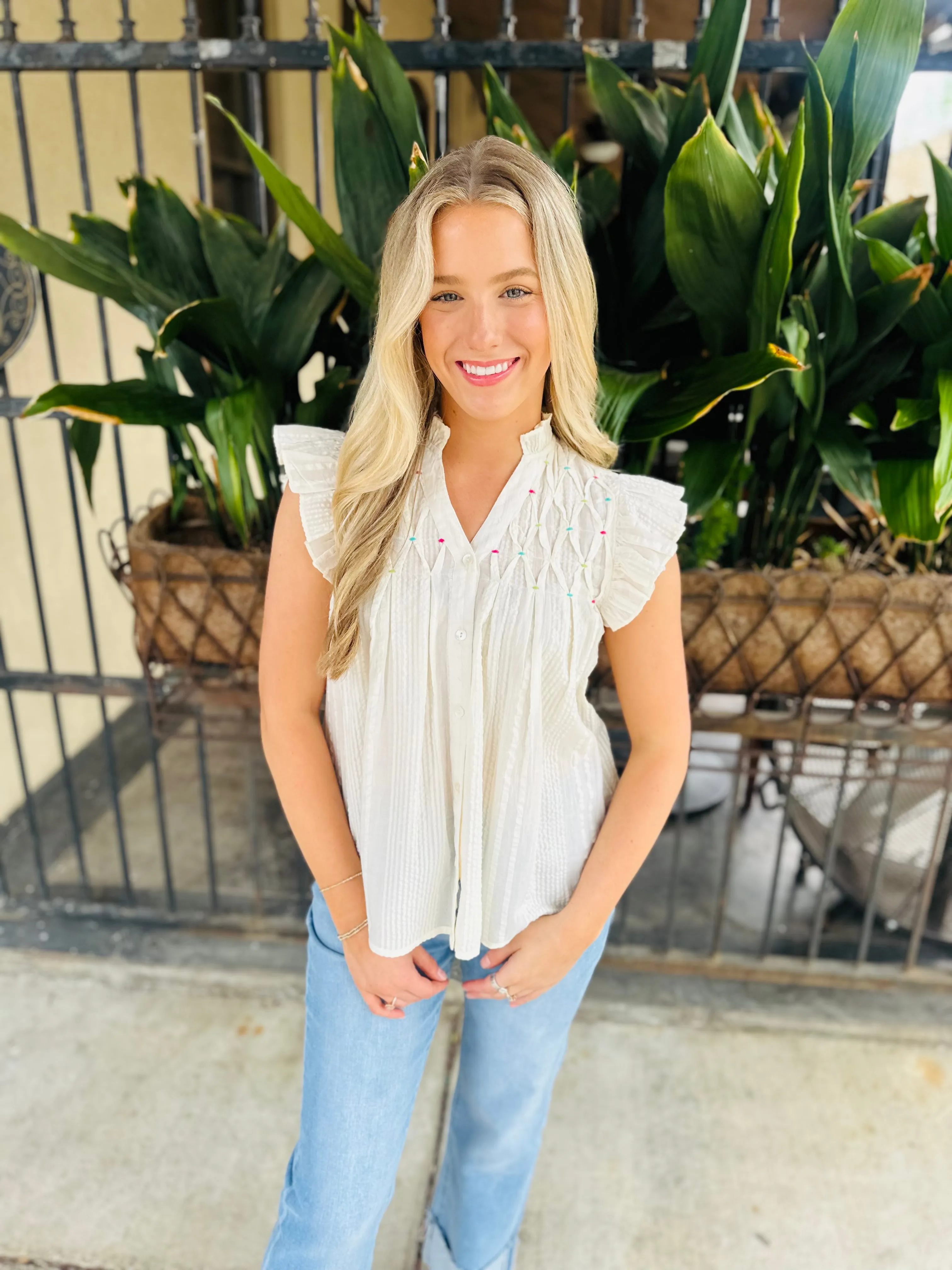 Polka Embroidered Button Down Top- White