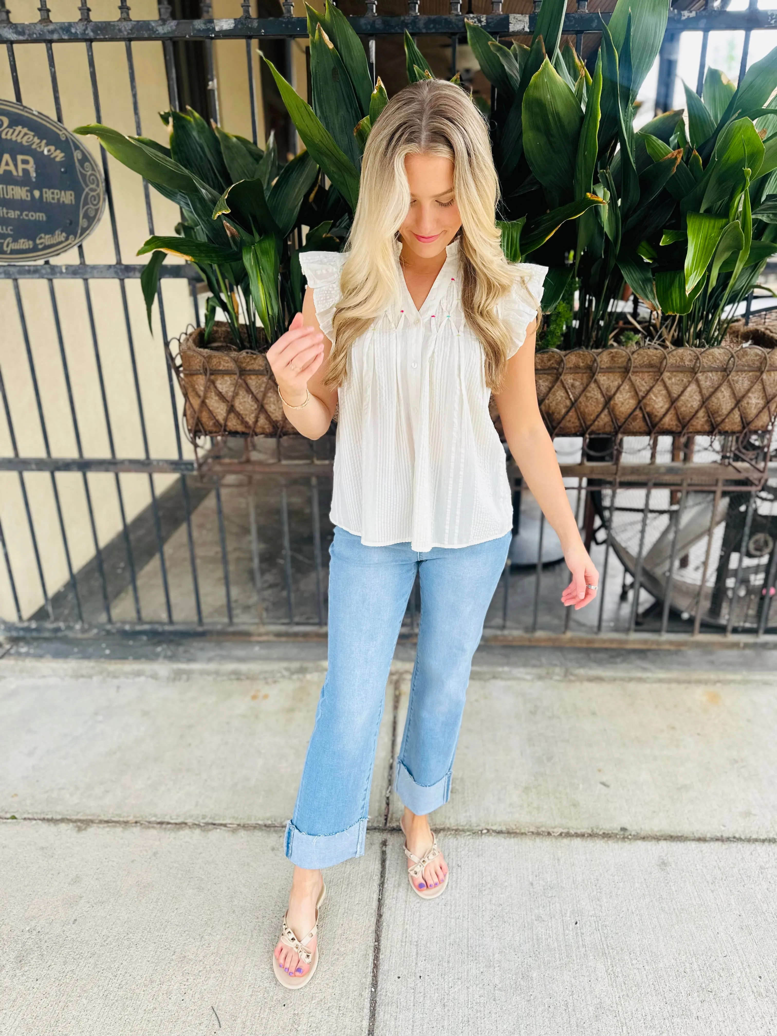 Polka Embroidered Button Down Top- White