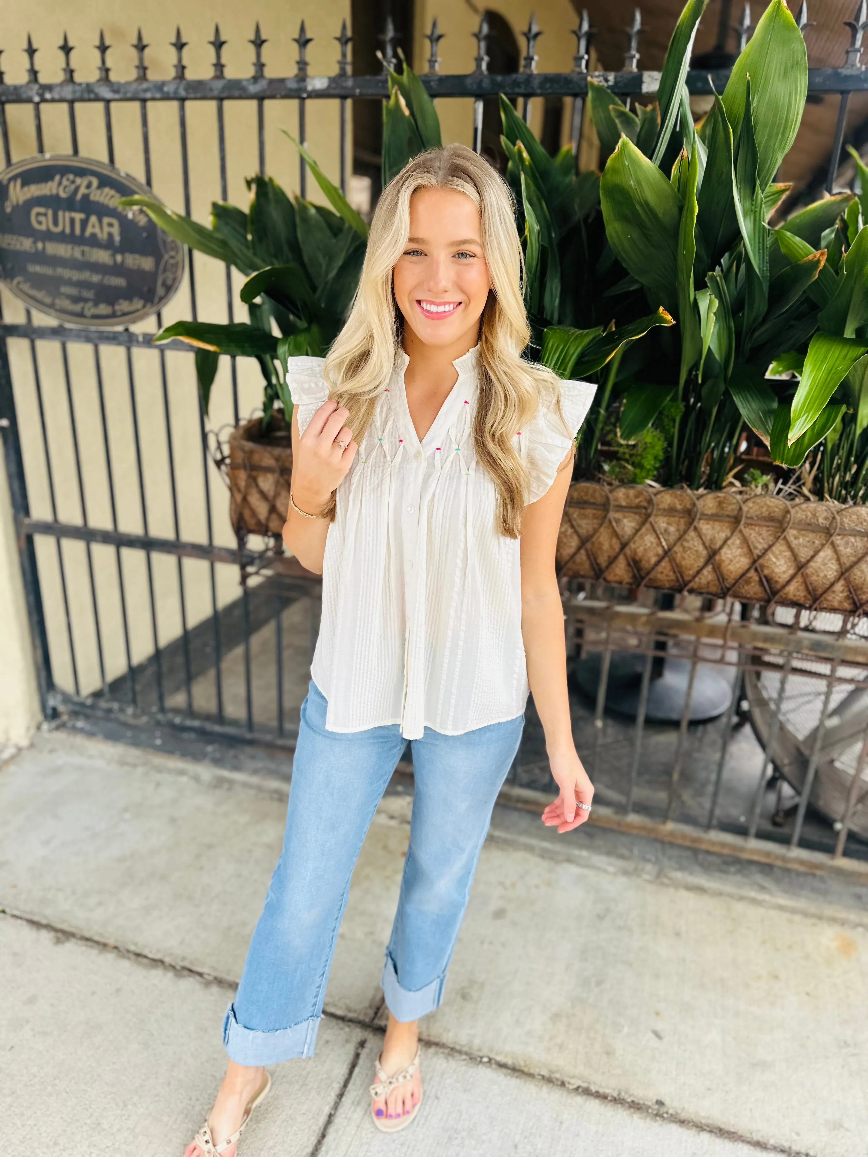 Polka Embroidered Button Down Top- White