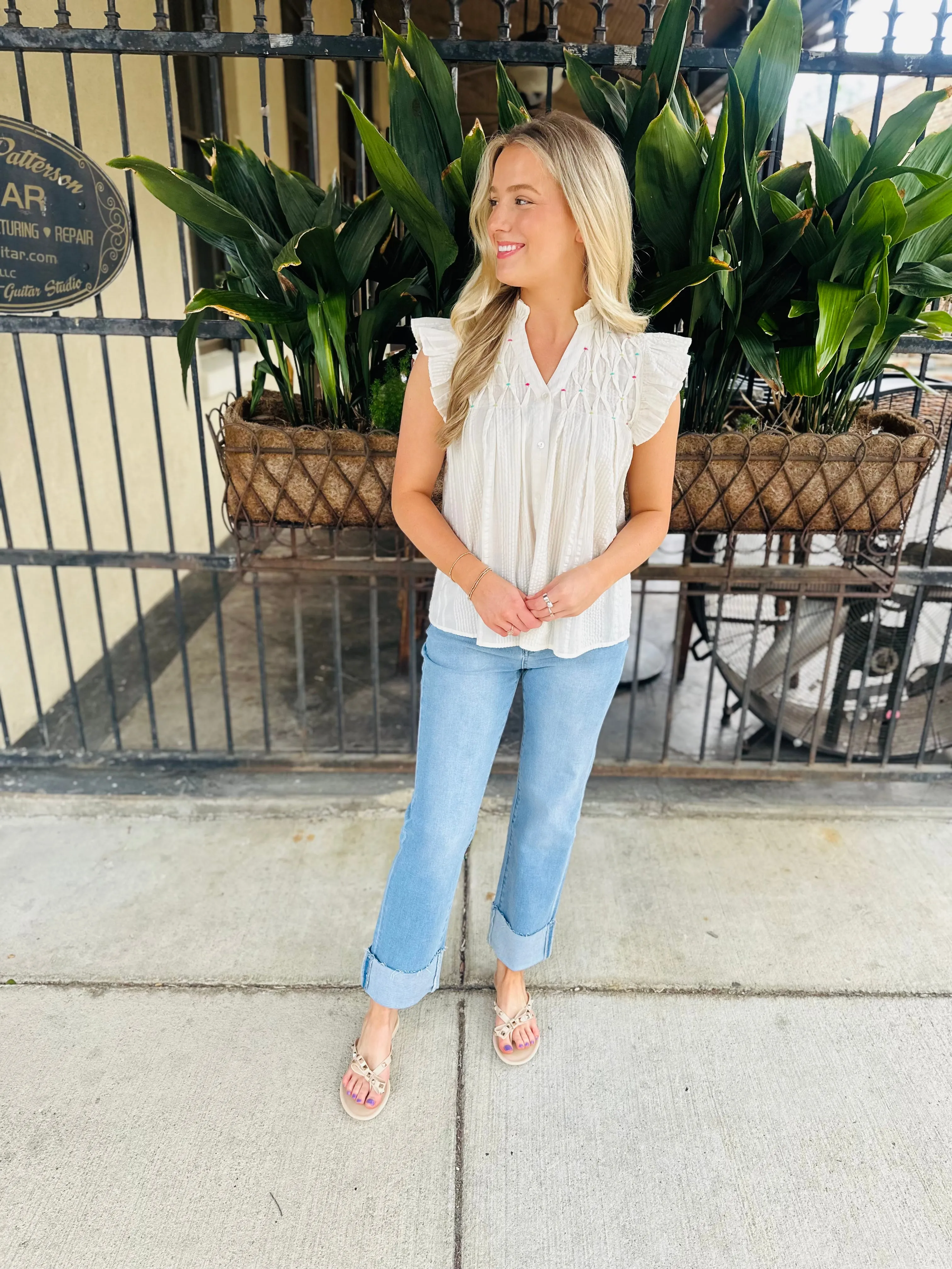 Polka Embroidered Button Down Top- White