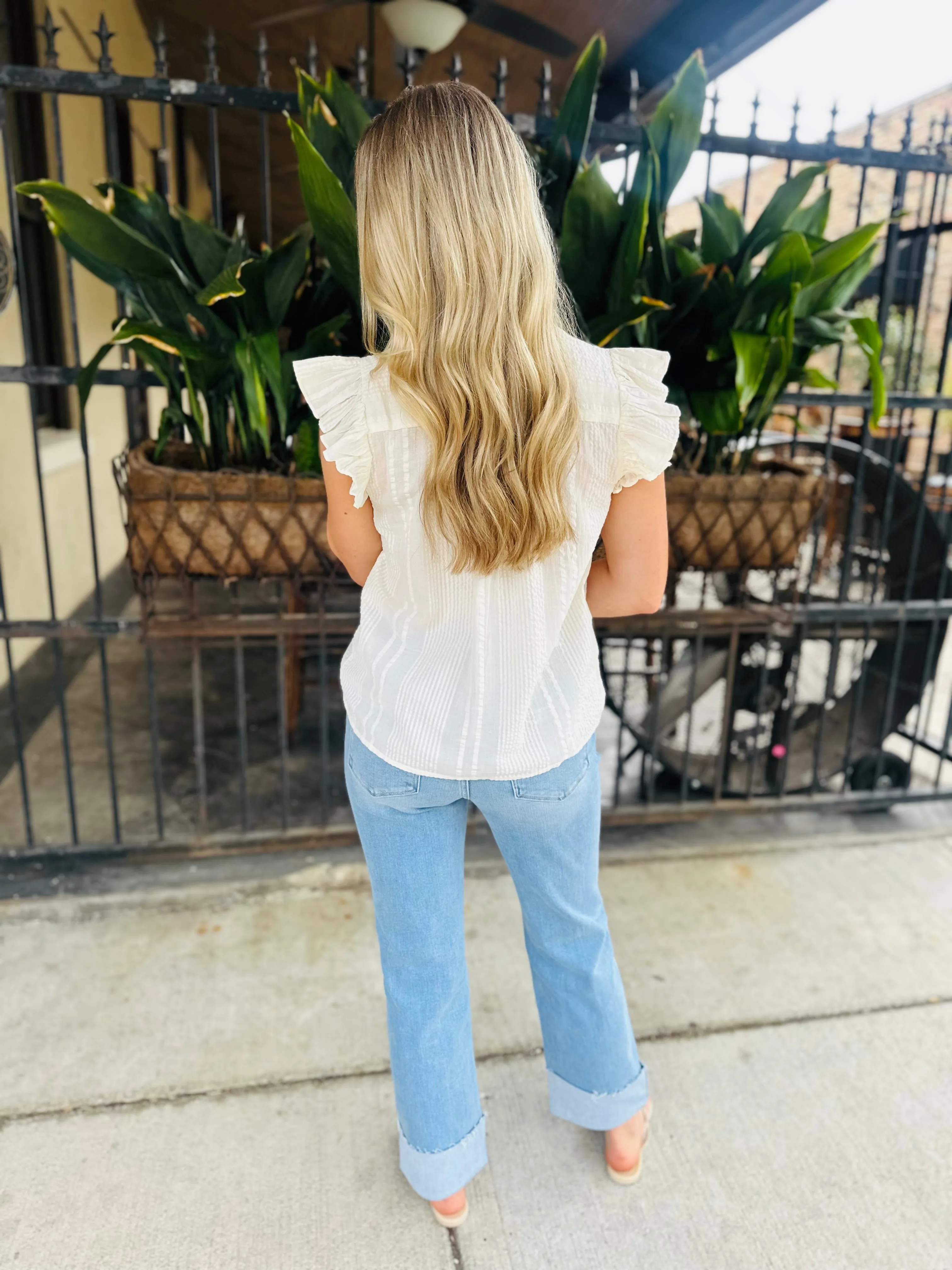Polka Embroidered Button Down Top- White