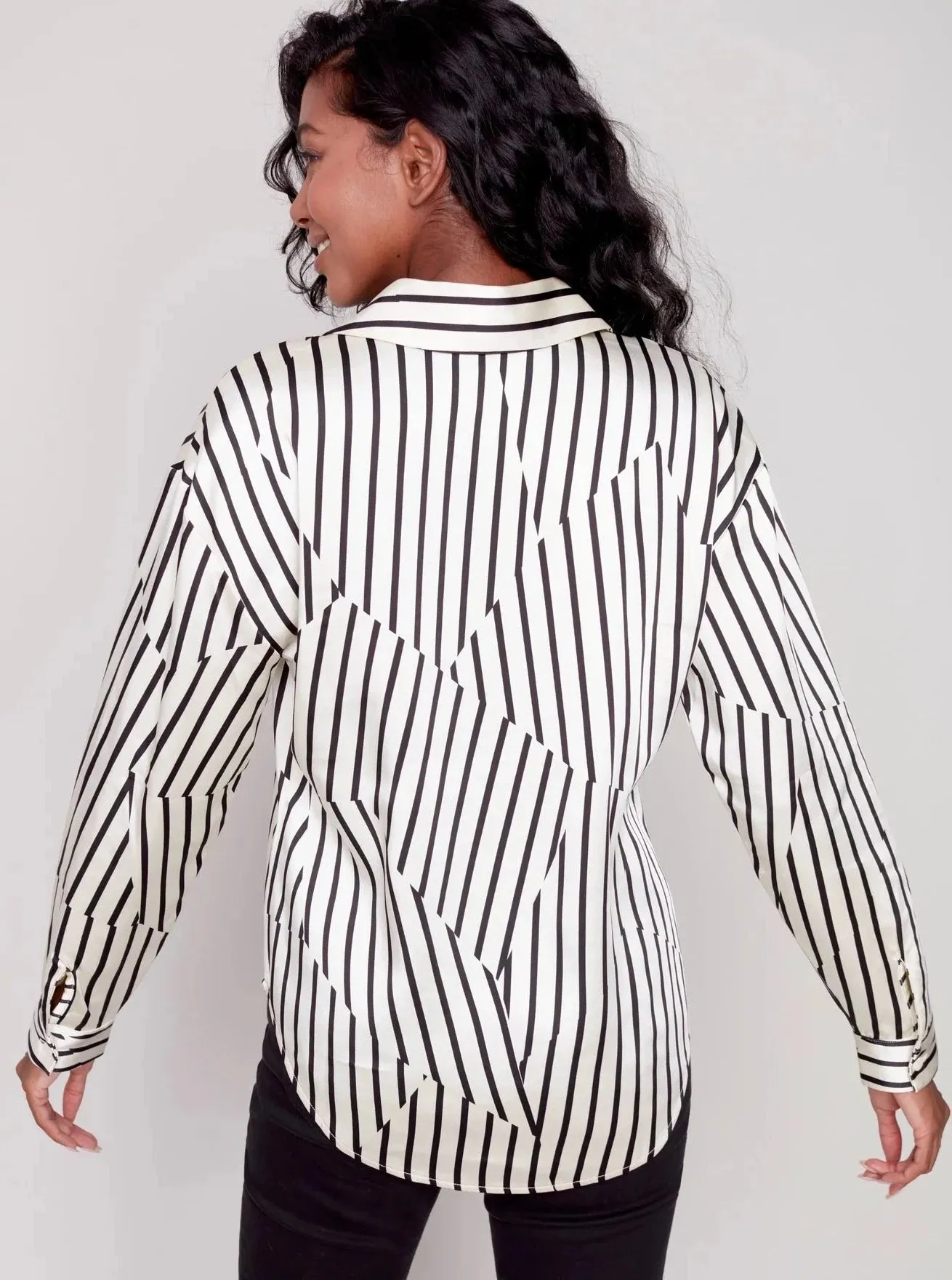Printed Satin Button Front Shirt [Pepper-C4489]