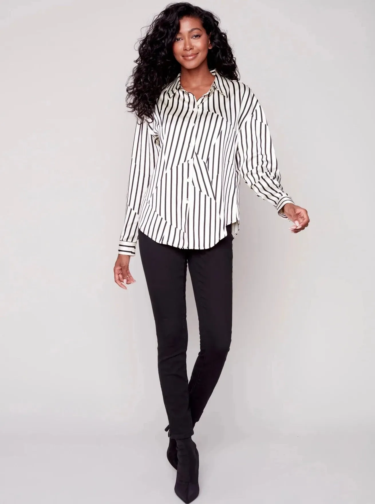 Printed Satin Button Front Shirt [Pepper-C4489]