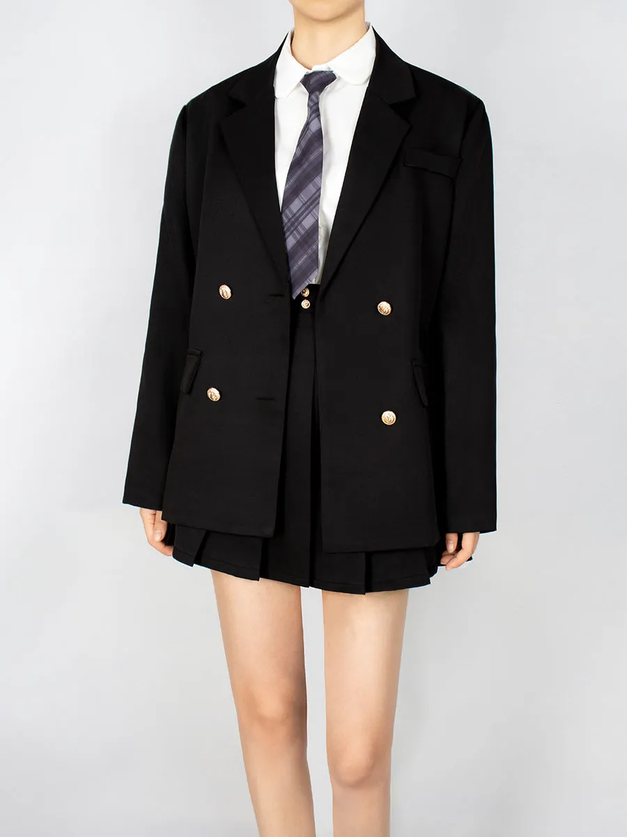 Solid Color Shirt & Skirt & Blazer with Tie Set
