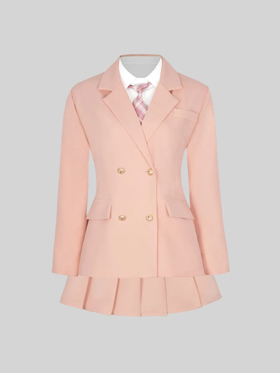 Solid Color Shirt & Skirt & Blazer with Tie Set
