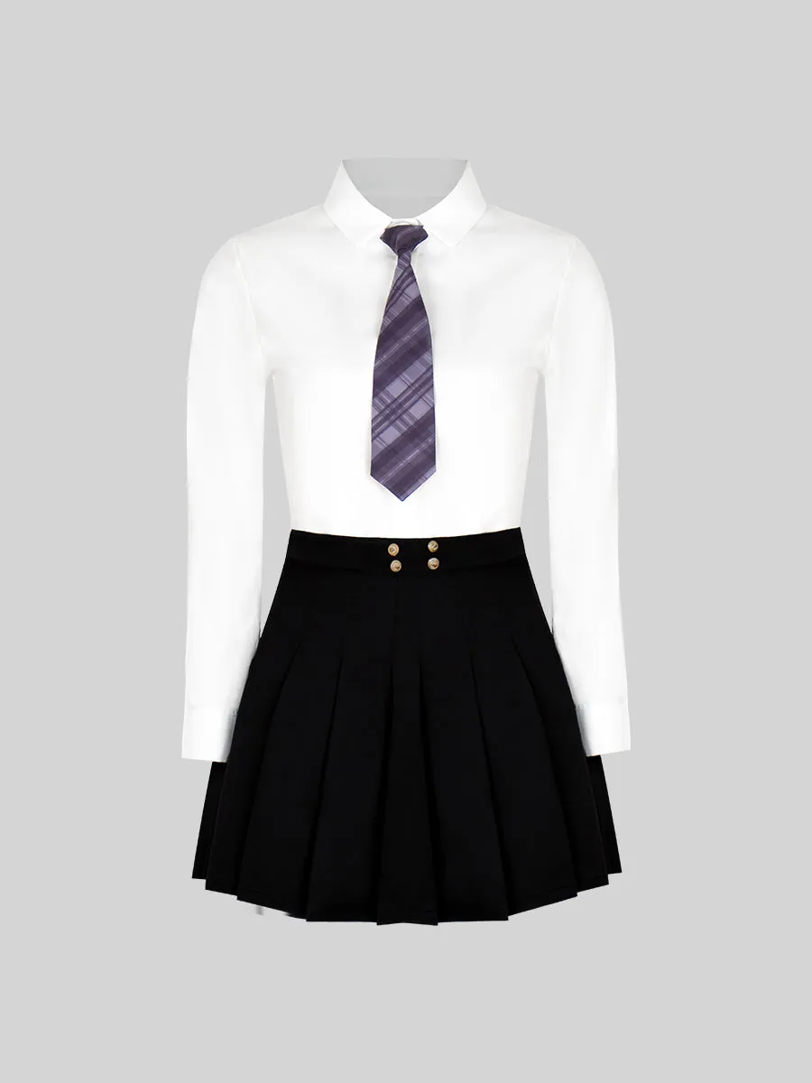 Solid Color Shirt & Skirt & Blazer with Tie Set