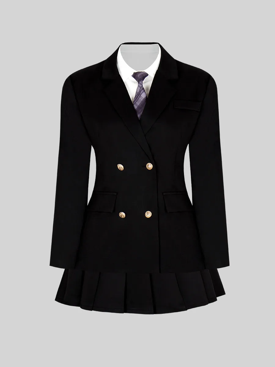 Solid Color Shirt & Skirt & Blazer with Tie Set